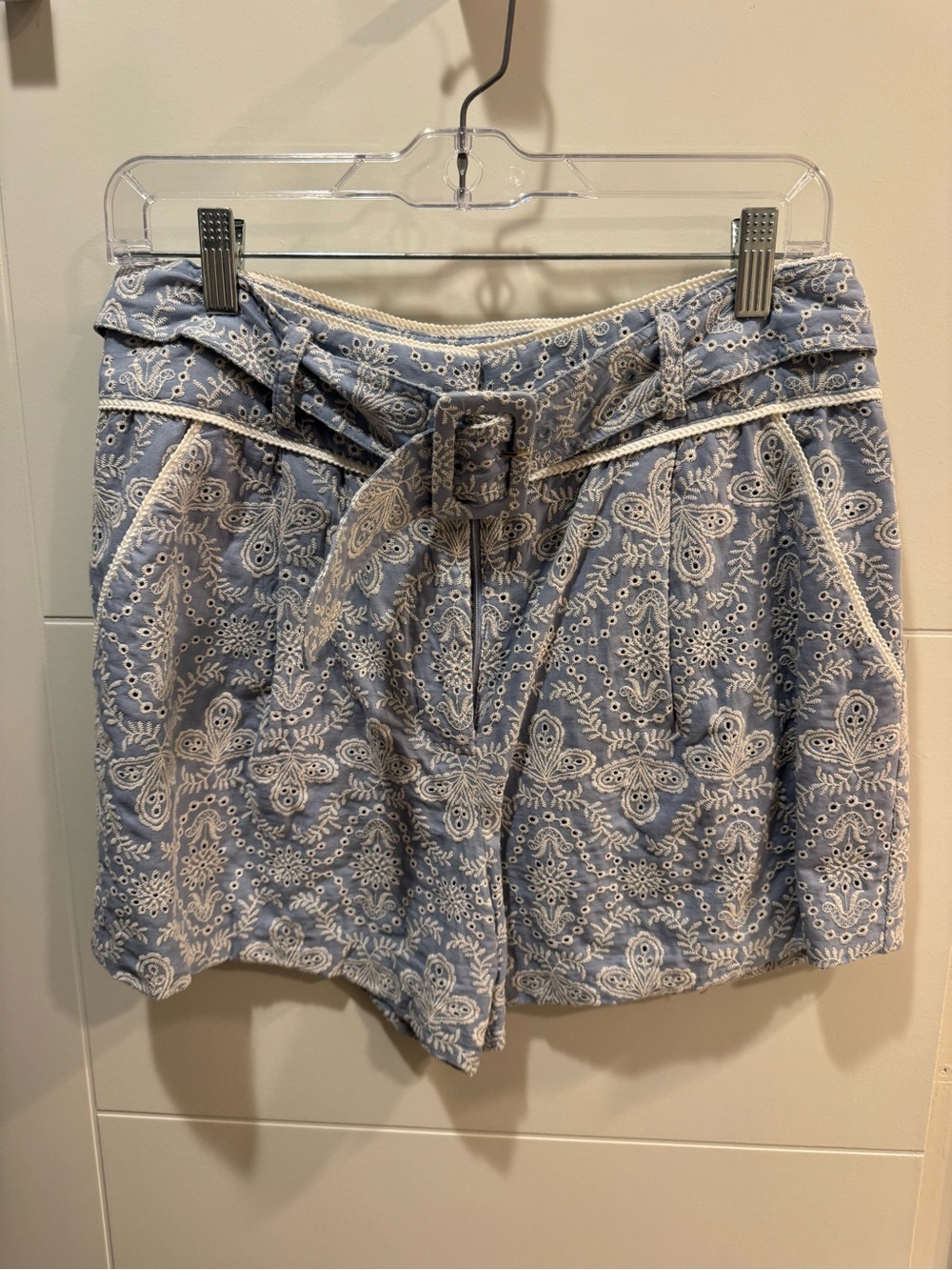 Veronica Beard Light Blue Embroidered High-Waist Paperbag Shorts